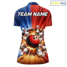 Load image into Gallery viewer, Funny Bowling Boom Polo, 1/4 Zip Shirt For Women Custom Red, White and Blue Team Bowler Jerseys NQS11660