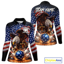 Load image into Gallery viewer, American Flag Flame Eagle Bowling Polo, 1/4 Zip Shirts For Women Custom Patriotic Bowling Team Jersey NQS11748