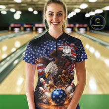 Load image into Gallery viewer, American Flag Flame Eagle Bowling Polo, 1/4 Zip Shirts For Women Custom Patriotic Bowling Team Jersey NQS11748