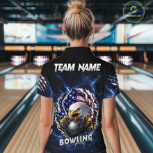 Load image into Gallery viewer, Blue Lightning Thunder US Flag Eagle Bowling Shirts For Women Custom Patriotic Bowling Team Jerseys NQS11749