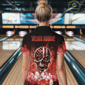 Red Flame Smoke American Flag Eagle Skull Women Bowling Shirts Custom Patriotic Bowling Team Jersey NQS10279