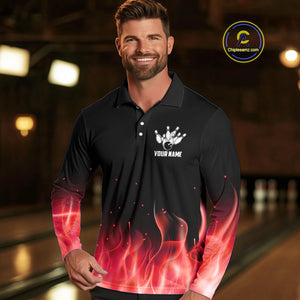 Personalized Mens Bowling Shirt Red flame Bowling Ball and Pins Team bowling jerseys for men Bowler NQS10473