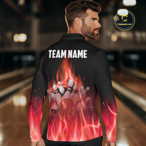 Personalized Mens Bowling Shirt Red flame Bowling Ball and Pins Team bowling jerseys for men Bowler NQS10473