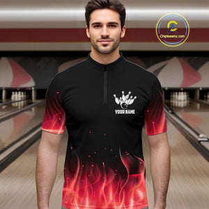 Personalized Mens Bowling Shirt Red flame Bowling Ball and Pins Team bowling jerseys for men Bowler NQS10473