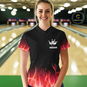 Personalized Women Bowling Shirt Red flame Bowling Ball Pins Team bowling jerseys for ladies Bowler NQS10473