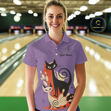 Load image into Gallery viewer, Custom retro bowling shirts Cats Bowling jersey for Women Team Bowling Polo, 1/4 Zip Shirts | Purple NQS11668