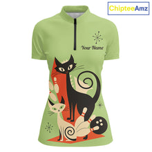 Load image into Gallery viewer, Custom retro bowling shirts Cats Bowling jersey for Women Team Bowling Polo, 1/4 Zip Shirts | Green NQS11670