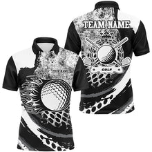 Load image into Gallery viewer, Black and White grunge Flame golf ball custom name Mens golf polo shirts, golf outfit for men NQS8506