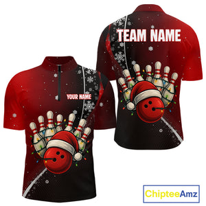 Custom Funny Christmas Bowling Shirts For Men, Black and Red Gradient Xmas Bowling Outfit Bowler Gift NQS10692