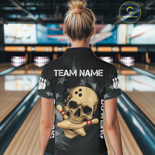 Load image into Gallery viewer, Personalized Black American Flag Skull Bowling Shirt For Women Custom Team's Name Skull Bowler Jersey NQS11082