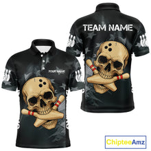 Load image into Gallery viewer, Personalized Black American Flag Skull Bowling Shirts For Men Custom Team's Name Skull Bowler Jerseys NQS11082