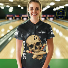 Load image into Gallery viewer, Personalized Black American Flag Skull Bowling Shirt For Women Custom Team's Name Skull Bowler Jersey NQS11082