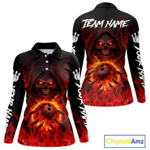 Load image into Gallery viewer, Black And Red Flame Skull Reaper Womens bowling shirt, Personalized Bowling Jerseys Women NQS11491