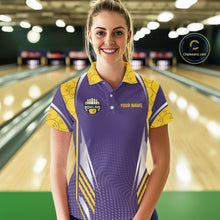 Load image into Gallery viewer, Purple And Yellow Custom bowling shirts for Women, Personalized bowling outfit team bowling jersey NQS11493