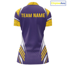 Load image into Gallery viewer, Purple And Yellow Custom bowling shirts for Women, Personalized bowling outfit team bowling jersey NQS11493