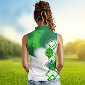 Womens sleeveless polo shirt custom green clover St Patrick day golf shirts, golfing gifts NQS4741