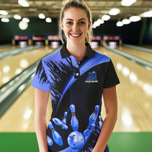 Load image into Gallery viewer, Personalized Black and Blue Bowling Polo, Quarter Zip Shirts For Women Custom Bowling Team Jersey NQS9723