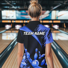 Load image into Gallery viewer, Personalized Black and Blue Bowling Polo, Quarter Zip Shirts For Women Custom Bowling Team Jersey NQS9723