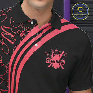 Black Mens bowling shirts Custom Red neon team league bowling jerseys, gifts for bowlers NQS9983