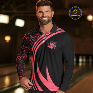 Black Mens bowling shirts Custom Red neon team league bowling jerseys, gifts for bowlers NQS9983