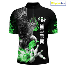 Load image into Gallery viewer, Custom Green Flame Black Eagle Bowling Polo, Quarter Zip Shirt For Men, Team Bowling Clothes NQS11502