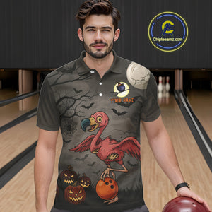 Funny Flamingo Halloween Bowling Polo, Quarter Zip Shirt For Men Custom Halloween Bowling Team Jersey NQS10703