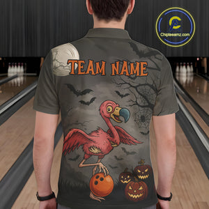 Funny Flamingo Halloween Bowling Polo, Quarter Zip Shirt For Men Custom Halloween Bowling Team Jersey NQS10703