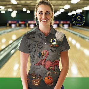 Funny Flamingo Halloween Bowling Polo, 1/4 Zip Shirt For Women Custom Halloween Bowling Team Jersey NQS10703