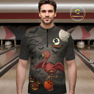 Funny Flamingo Halloween Bowling Polo, Quarter Zip Shirt For Men Custom Halloween Bowling Team Jersey NQS10703