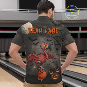 Funny Flamingo Halloween Bowling Polo, Quarter Zip Shirt For Men Custom Halloween Bowling Team Jersey NQS10703