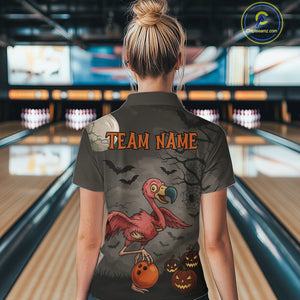 Funny Flamingo Halloween Bowling Polo, 1/4 Zip Shirt For Women Custom Halloween Bowling Team Jersey NQS10703