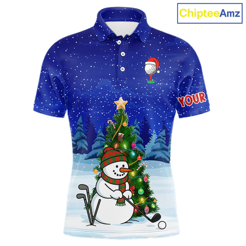 Funny Snowman Golf Blue Christmas Golf Polo Shirts For Men custom Christmas golf outfit, golfing gift NQS10912