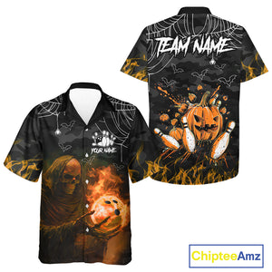 Black Bowling Camo Orange flame Skull Custom Halloween Bowling Hawaiian Shirt, Bowling Team Jerseys NQS10705