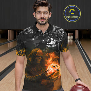 Black Bowling Camo Orange flame Skull Custom Halloween Bowling Shirts For Men, Bowling Team Jerseys NQS10705