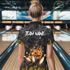 Black Bowling Camo Orange flame Skull Custom Halloween Bowling Shirts For Women, Bowling Team Jerseys NQS10705