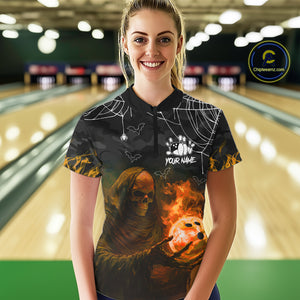 Black Bowling Camo Orange flame Skull Custom Halloween Bowling Shirts For Women, Bowling Team Jerseys NQS10705