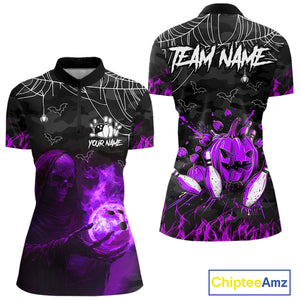 Black Bowling Camo Purple flame Skull Custom Halloween Bowling Shirts For Women, Bowling Team Jerseys NQS10706