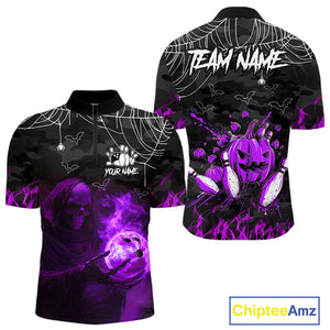Black Bowling Camo Purple flame Skull Custom Halloween Bowling Shirts For Men, Bowling Team Jerseys NQS10706
