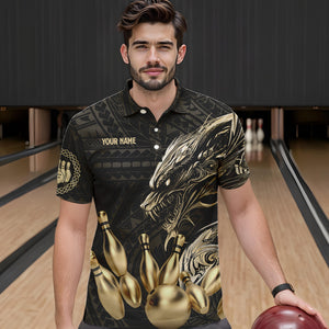 Black and Gold Dragon Tribal Bowling Polo, 1/4 Zip Shirts For Men Custom Retro Bowling Team Jerseys NQS9591