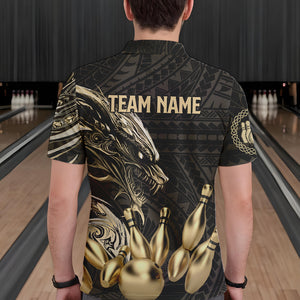 Black and Gold Dragon Tribal Bowling Polo, 1/4 Zip Shirts For Men Custom Retro Bowling Team Jerseys NQS9591