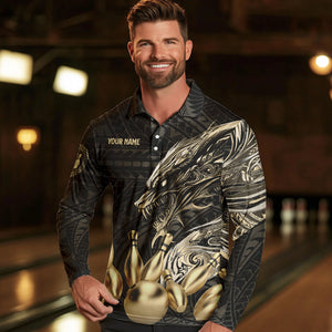 Black and Gold Dragon Tribal Bowling Polo, 1/4 Zip Shirts For Men Custom Retro Bowling Team Jerseys NQS9591