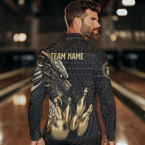 Black and Gold Dragon Tribal Bowling Polo, 1/4 Zip Shirts For Men Custom Retro Bowling Team Jerseys NQS9591