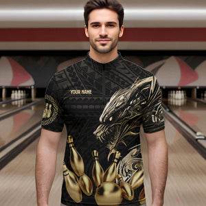Black and Gold Dragon Tribal Bowling Polo, 1/4 Zip Shirts For Men Custom Retro Bowling Team Jerseys NQS9591