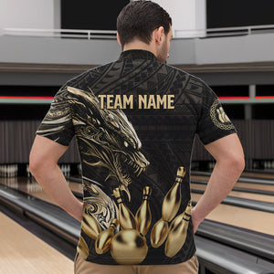 Black and Gold Dragon Tribal Bowling Polo, 1/4 Zip Shirts For Men Custom Retro Bowling Team Jerseys NQS9591