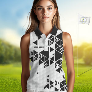 Women sleeveless polo shirt black and white custom I was one under today, under a tree, bush, water NQS10164