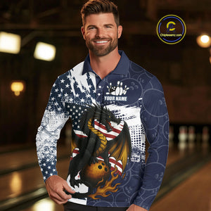 Red, White and Blue American Flag Dragon Bowling Shirts For Men Custom Patriotic Bowling Team Jersey NQS10294