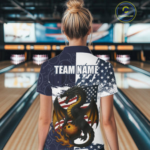 Red, White and Blue American Flag Dragon Bowling Shirt For Women Custom Patriotic Bowling Team Jersey NQS10294