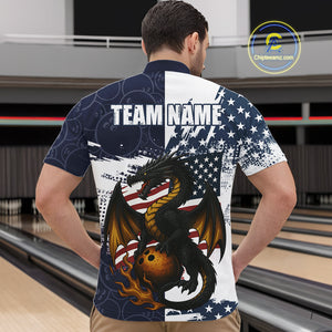 Red, White and Blue American Flag Dragon Bowling Shirts For Men Custom Patriotic Bowling Team Jersey NQS10294
