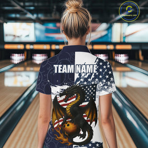 Red, White and Blue American Flag Dragon Bowling Shirt For Women Custom Patriotic Bowling Team Jersey NQS10294