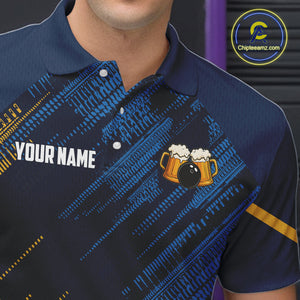 Blue and Yellow Pattern Bowling Shirt For Men Custom Here For The Beer Funny Bowling Tournament Shirt NQS10717